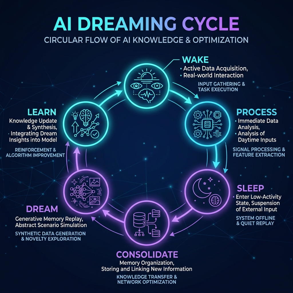 AI Dreaming Cycle diagram showing Wake, Process, Sleep, Consolidate, Dream, and Learn phases
