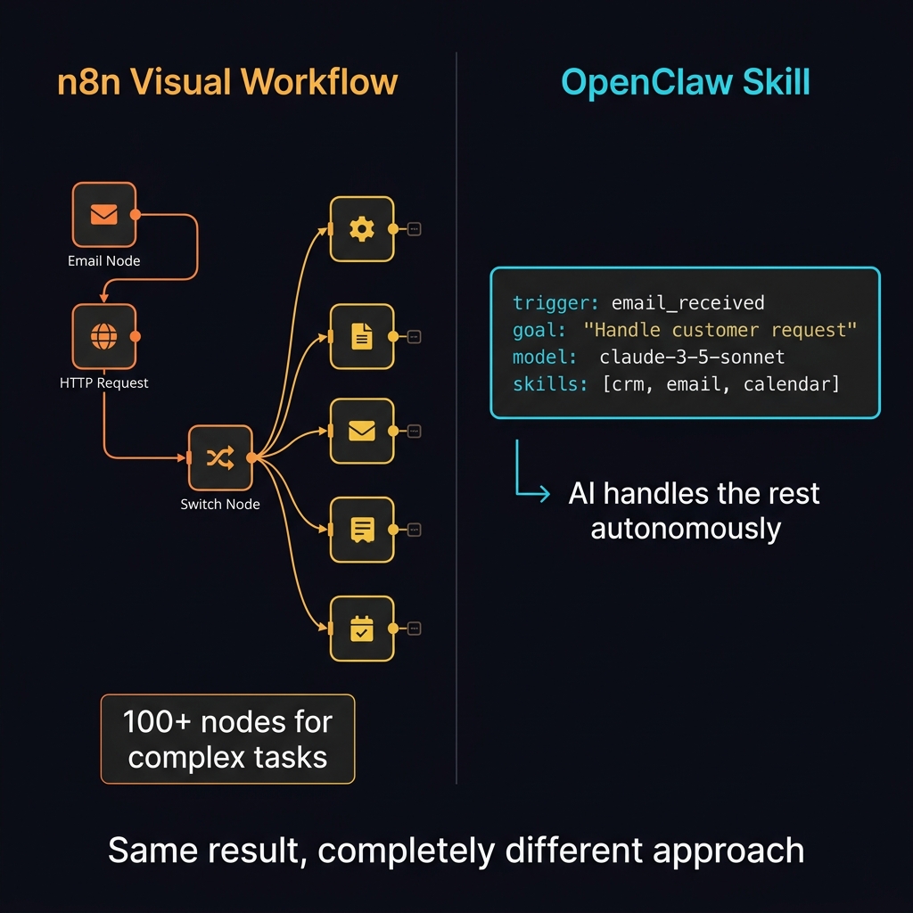 n8n visual node workflow vs OpenClaw YAML skill configuration — same result, different approach