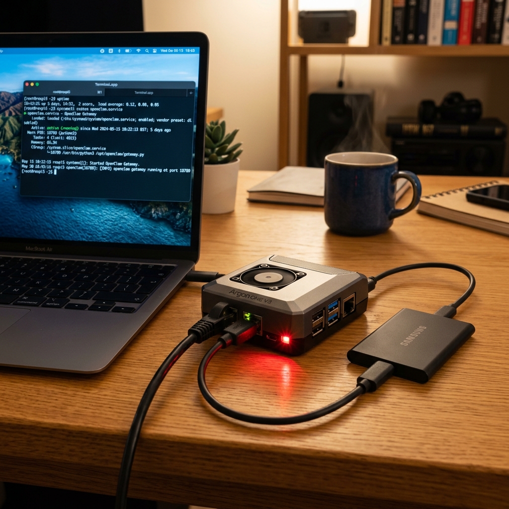Raspberry Pi 5 in Argon case connected to Samsung T7 SSD, running OpenClaw gateway on port 18789