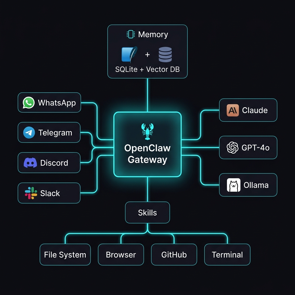 OpenClaw system architecture diagram showing Gateway, channels, AI providers, skills, and memory