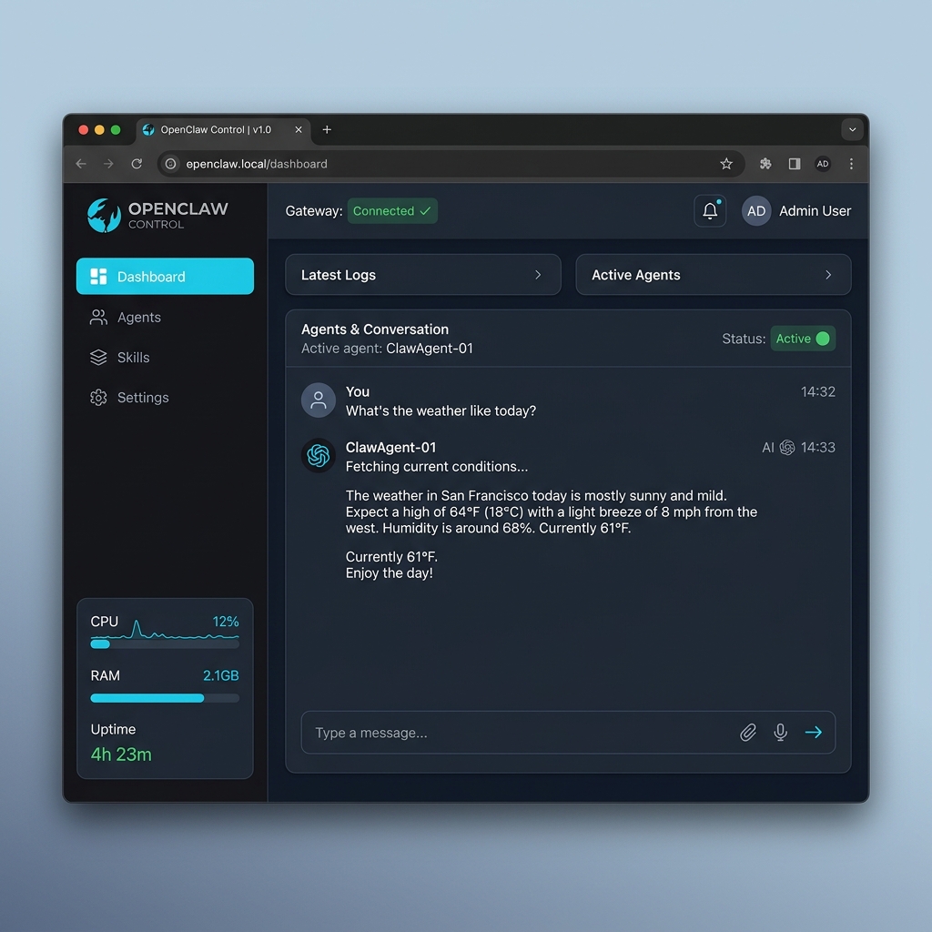 OpenClaw Control UI web dashboard showing live agent conversation and system stats