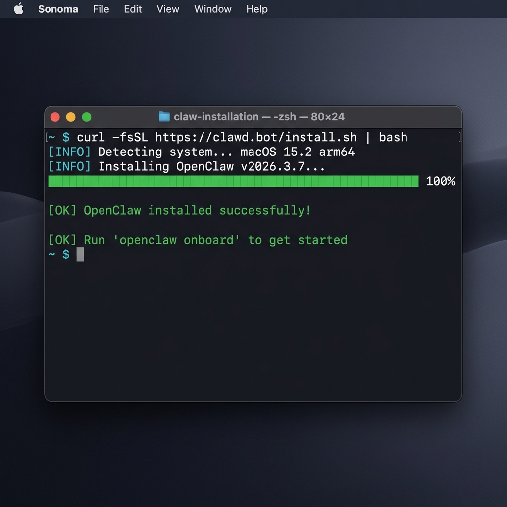Terminal showing successful OpenClaw installation on macOS