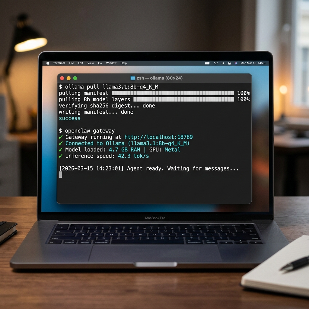 Terminal showing Ollama model download and OpenClaw gateway startup with local AI running at 42 tokens per second