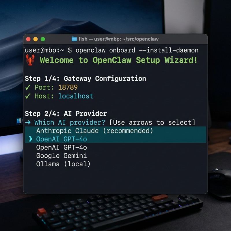 OpenClaw onboarding wizard showing AI provider selection
